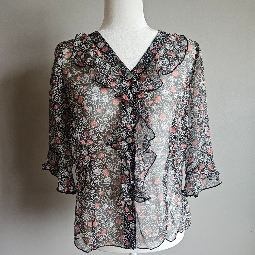 Vintage Sheer Ditsy Floral Silk Button Up Top Womens 6 Ruffle Romantic Feminine